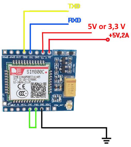 The Scheme of connection of module SIM800C to ESP32